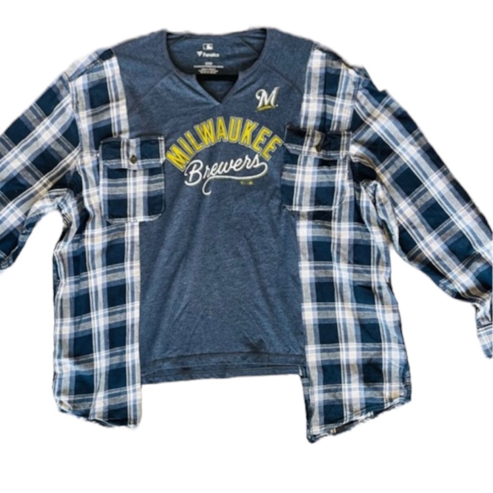 Milwaukee Brewers Reworked Flannel Oversized Graphic Shirt Grunge Streetwear
